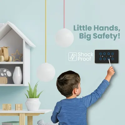 Little hands, big safety. This image shows a child safely interacting with a Phlipton switch. My shockproof design protects curious little fingers from harm.