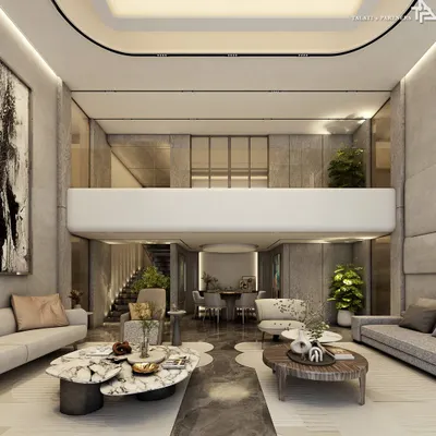 A double-height living room where minimalism breathes luxury. Every element, from the subdued color palette to the sleek lines of the mezzanine, is meticulously selected to craft a tranquil sanctuary that feels both grand and intimate.