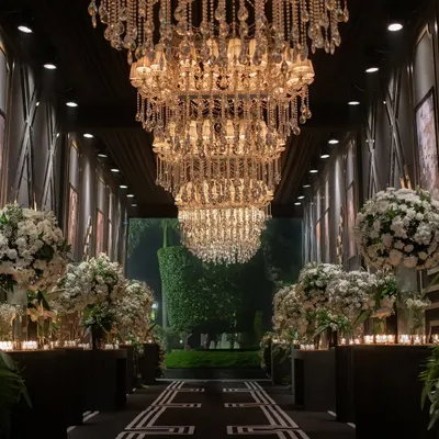 A dramatic entrance for a cocktail night, lined with massive arrangements of white flowers and candles. The path is crowned with a row of magnificent crystal chandeliers, creating a tunnel of light.
