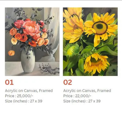 A duo of acrylic paintings ready for a new home. On the left, a classic still life with a bouquet of peonies and roses in a vase, and on the right, a vibrant bunch of sunflowers, capturing the essence of sunshine.