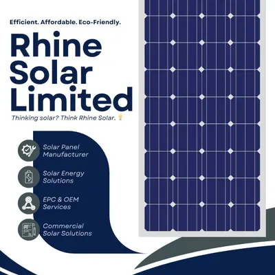 This poster lists our full range of services: Solar Panel Manufacturer, Solar Energy Solutions, EPC & OEM Services, and Commercial Solar Solutions. When you think solar, think Rhine Solar.