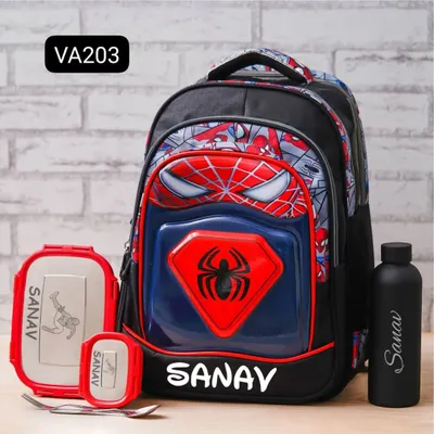 Get your little hero ready for school with this personalized Spider-Man backpack set. It includes a matching lunch box and water bottle, all customized with your child's name.