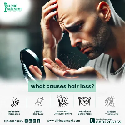 What causes hair loss? This graphic outlines the main factors, including hormonal imbalance, genetics, stress, nutritional deficiencies, and certain medical treatments.