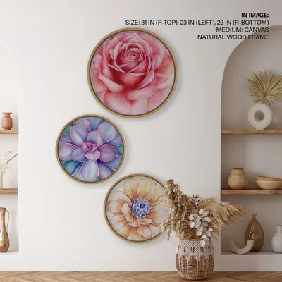 A vibrant set of three circular watercolor flower prints. The detailed rose, succulent, and daisy designs bring a burst of natural beauty and color to your walls.