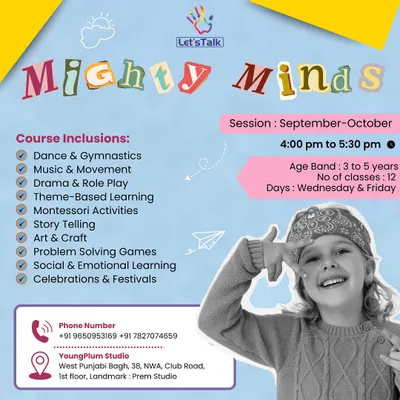 This graphic gives you a snapshot of our Mighty Minds after-school program, detailing all the enriching activities we offer, from dance and drama to Montessori learning and problem-solving games.