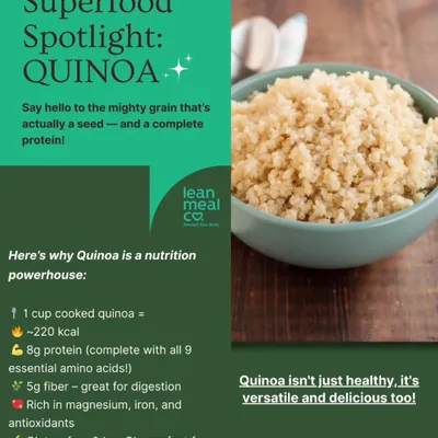Superfood Spotlight: Quinoa. This mighty grain is a complete protein and a staple in many of our bowls and salads. It's packed with fiber and essential nutrients for sustained energy.