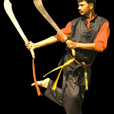 A student demonstrates a dynamic pose with dual butterfly swords. This advanced weapon requires immense coordination, balance, and skill to master.