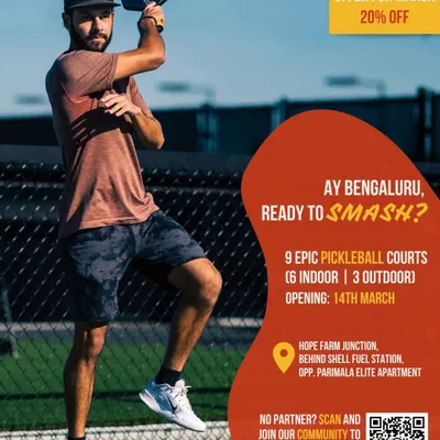 This poster announces the opening of my nine pickleball courts at Hope Farm Junction, Whitefield. Featuring a player in full motion, it captures the dynamic spirit of the game and invites you to join the action. The QR code makes it simple to join my player community and find a match.