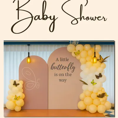 We brought this dreamy "A little butterfly is on the way" concept to life with a beautiful arched backdrop, a cascade of soft yellow balloons, and delicate butterfly accents. It’s the perfect, elegant photo spot to celebrate the mom-to-be.