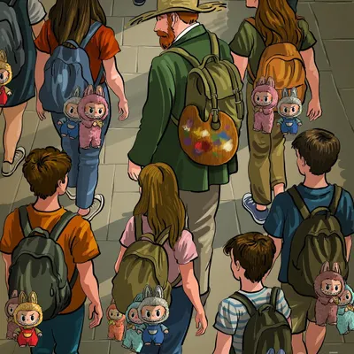 In this letter to Theo, I explore the theme of modern conformity. Vincent observes children with identical dolls on their backpacks, contrasting the manufactured trend with the unique, individual colors on his own palette.