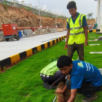 Our team members are on the ground, carefully laying rolls of natural turf. This hands-on work is crucial for establishing a lush, even lawn for our commercial clients.