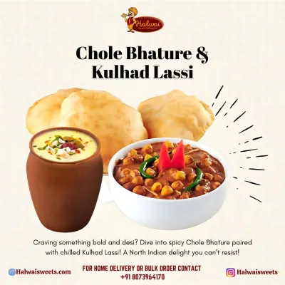 Craving something bold and desi? Dive into our spicy Chole Bhature paired with a chilled Kulhad Lassi. It is a North Indian delight that you simply cannot resist.