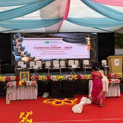 The main stage for the IIT Bombay Convocation 2023. We provided the 10x10 LED screen, podiums, seating, and floral decor for this week-long event.