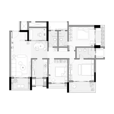 The complete floor plan for the 'Tranquil Tides' project. This layout was crucial for establishing the flow from the living areas to the bedrooms and integrating features like the vaulted ceiling and hidden office.