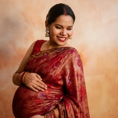 The radiant glow of an expecting mother is undeniable. This close-up shot in a beautiful red saree captures the pure happiness and excitement of this special time.