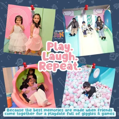 Play, laugh, and repeat. This collage captures the essence of our play area: a place for slides, ball pits, and making friends. It's where the best memories are made, full of giggles and games.