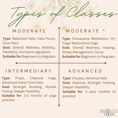 This chart breaks down the different types of classes I offer, from moderate to advanced. It explains the goal of each style and who it's suitable for, helping you choose the right practice for your journey.