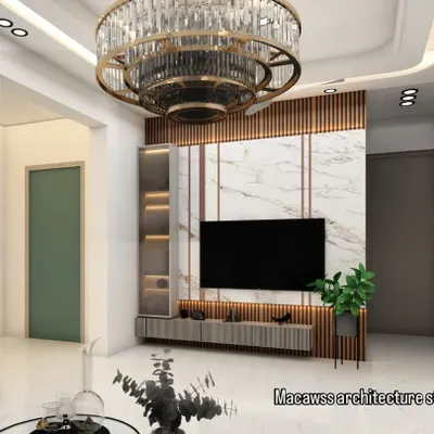 This living room features a striking TV wall with marble and wood fluting, crowned by a magnificent tiered chandelier. It's a perfect example of creating a luxurious focal point in the main living area.