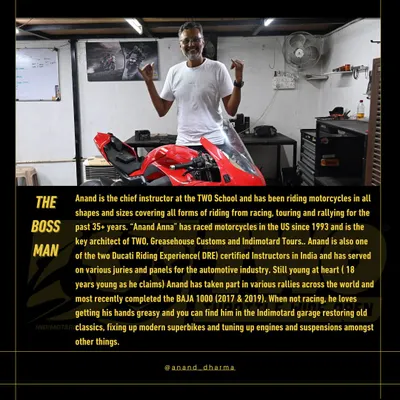 A little about me, Anand. I'm the chief instructor at TWO School and have been riding, racing, and wrenching for over 35 years. You'll find me in the garage getting my hands greasy.