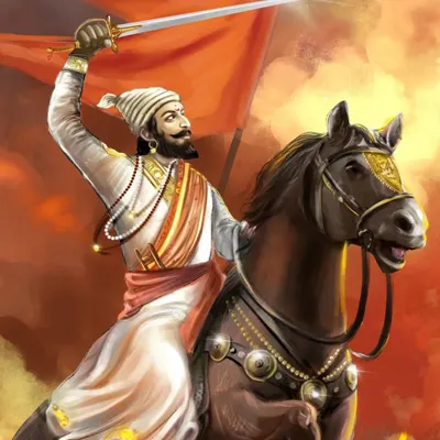 A full-color digital painting of Chhatrapati Shivaji Maharaj on his horse, waving the saffron flag. This is an alternate version of one of my most popular works, capturing his victorious spirit.
