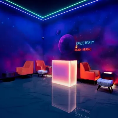 Step into the cosmos at Zodiak Lounge in Manipal. We used airbrush and neon paints to create this immersive, glow-in-the-dark galaxy mural, transforming the entire ceiling and walls into an otherworldly experience.