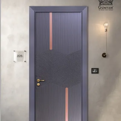 This door combines a modern fluted texture with bold geometric patterns and a striking copper inlay. The cool grey PU paint finish makes it a contemporary masterpiece for any stylish home.