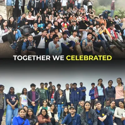 "Together We Celebrated" - a collage of large group photos from one of our trips, showcasing the scale of our community and the shared joy.