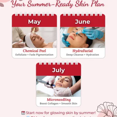 Get your skin ready for summer with our curated 3-month plan. We've designed a timeline of treatments, from a chemical peel in May to microneedling in July, to ensure you are glowing all season long.