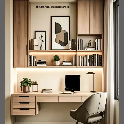 A clean and modern floating study desk with integrated drawers and extensive overhead shelving with built-in lighting. This setup provides a well-lit and organized workspace.
