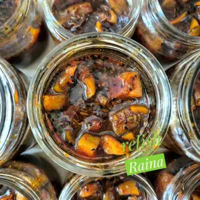 This is a close-up of my Sweet Raw Mango Pickle, a traditional Rajasthani recipe that reminds me of my childhood. I use pieces of Rajapuri kairi, which are known for their sweetness, and combine them with sugar, fennel seeds, and onion seeds. It’s a perfect balance of sweet, tangy, and mildly spicy.