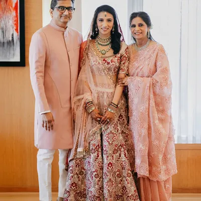 A proud moment, made timeless. I dressed the father of the bride, Nilesh, in a custom pink sherwani that was elegant, distinguished, and perfect for the occasion.