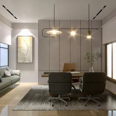 A workspace designed for focus and clarity. This office features a large wooden desk, ergonomic chairs, and a feature wall with clean vertical lines. The lighting is a combination of functional track lights and a sculptural pendant, creating a balanced and professional environment.