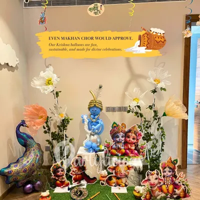 Even Makhan Chor would approve! Our Krishna balloons are fun, sustainable, and made for divine celebrations. This Janmashtami setup brings all the Vrindavan vibes to your home, complete with a peacock, cows, and of course, little Krishna.