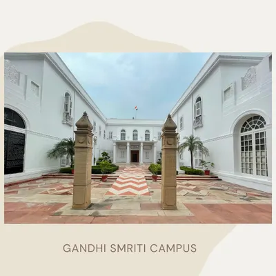 The expansive and symmetrical campus of Gandhi Smriti, formerly Birla House, where Mahatma Gandhi spent his last 144 days. The architecture of the building itself is part of the historical narrative, representing a site of both political importance and personal reflection.