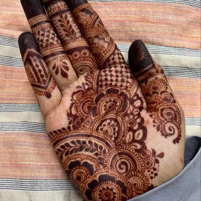 A dense and detailed design for the palm, filled with paisleys, florals, and fine line work. The fingertips are fully covered for that classic, rich look.