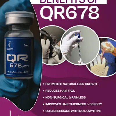 This graphic details the benefits of the QR678 anti-hair loss solution. I use this patented, non-surgical treatment to reduce hair fall and promote natural growth with quick, painless sessions that require no downtime.