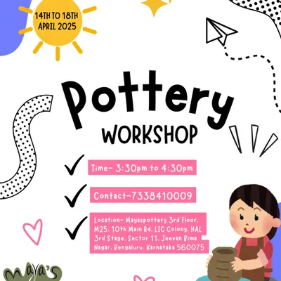Our poster for the 5-day Pottery Workshop for Kids. A fun, hands-on experience for little artists!
