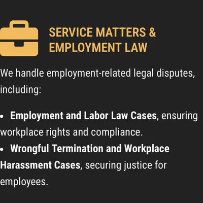 I handle employment and labor law cases to ensure workplace rights and compliance are upheld. My services include representing employees in wrongful termination and workplace harassment cases to secure justice.