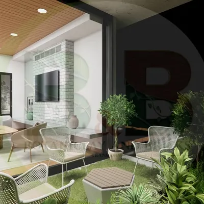 This 3D render shows how we connect indoor and outdoor living. The transitional living room opens up to a green patio space, blurring the lines between inside and out and creating an extended area for relaxation.