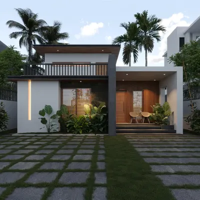 A stylish single-story home that uses a combination of white walls, dark stone, and wood accents. The design includes a small rooftop terrace, maximizing usable space.