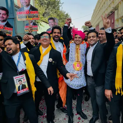 A victorious moment with my supporters after filing my nomination for the Delhi Bar Association elections. This journey is a collective effort.