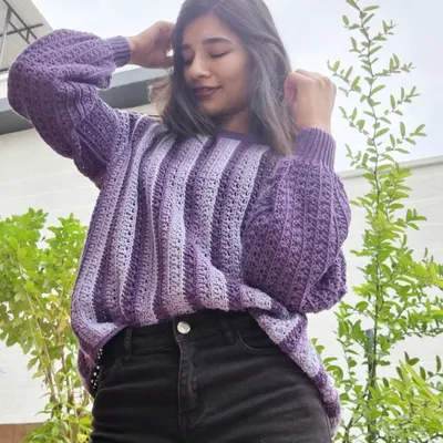 A close-up of my #RosemaryBlouse. I love the texture of the alpine stitch on the sleeves and the simple stripes on the body. I chose two shades of purple for a subtle, tonal look.