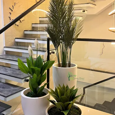 A curated cluster of faux plants in modern white ceramic planters. We offer arrangements like this featuring artificial peace lilies, palms, and succulents to add a touch of green to any corner or tabletop.