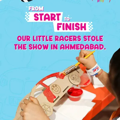 From start to finish, our little racers stole the show in Ahmedabad! This poster captures the hands-on fun of our car-themed event, where kids get to paint and build their own vehicles.