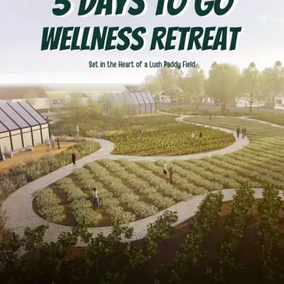 A promotional poster for our Wellness Retreat design competition. We actively engage with the next generation of architects, challenging them to reimagine wellness in harmony with nature on this 2.6-acre rural site.