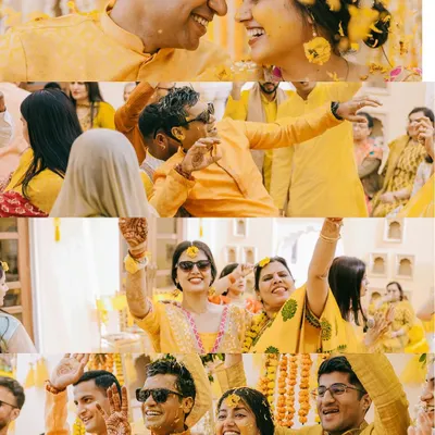 A collage of pure fun from Manasvi and Bhuwanesh's Haldi in Jaipur. This is where the party starts, with dancing, laughter, and a whole lot of yellow.
