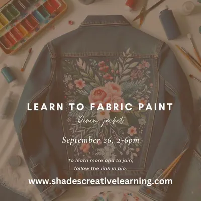 An invitation to our denim jacket fabric painting workshop. These sessions guide you through designing and painting floral patterns, turning a simple jacket into a piece of wearable fashion.