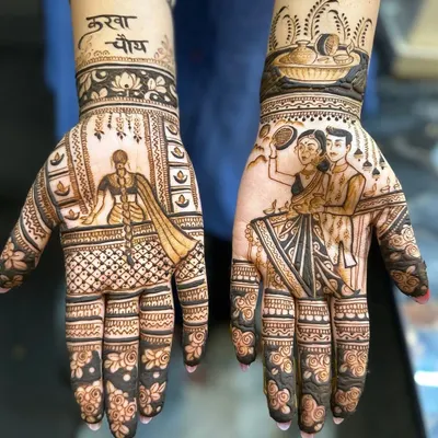 A beautiful Karwa Chauth design showing the complete ritual. One hand depicts the woman looking through the sieve, while the other shows the couple together, capturing the heart of the festival.