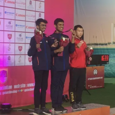 A throwback to our shooter Srijay T R on the podium at the 14th Asian Shooting Championships in Doha, Qatar, where he won both team gold and individual silver for India.