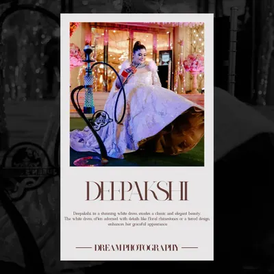 A modern, polaroid-style edit of bride Deepakshi, showcasing her elegant white dress and the grand venue.